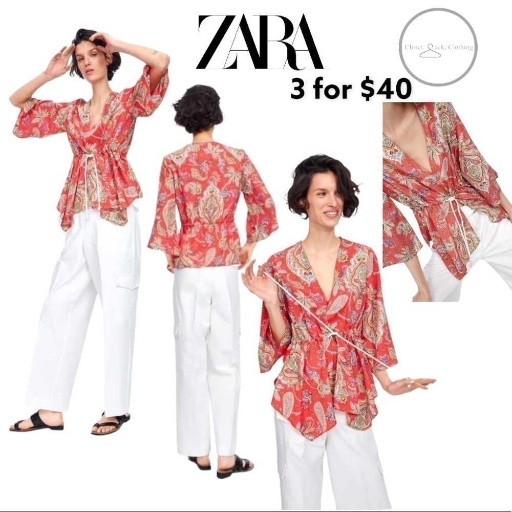 𝅺zara Drawstring Printed Blouse Size Medium